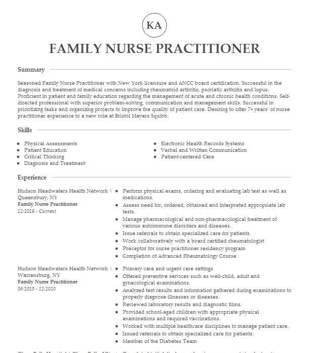 Family Nurse Practitioner Resume Example