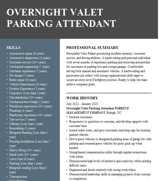 Valet Parking Attendant Service Runner Resume Example