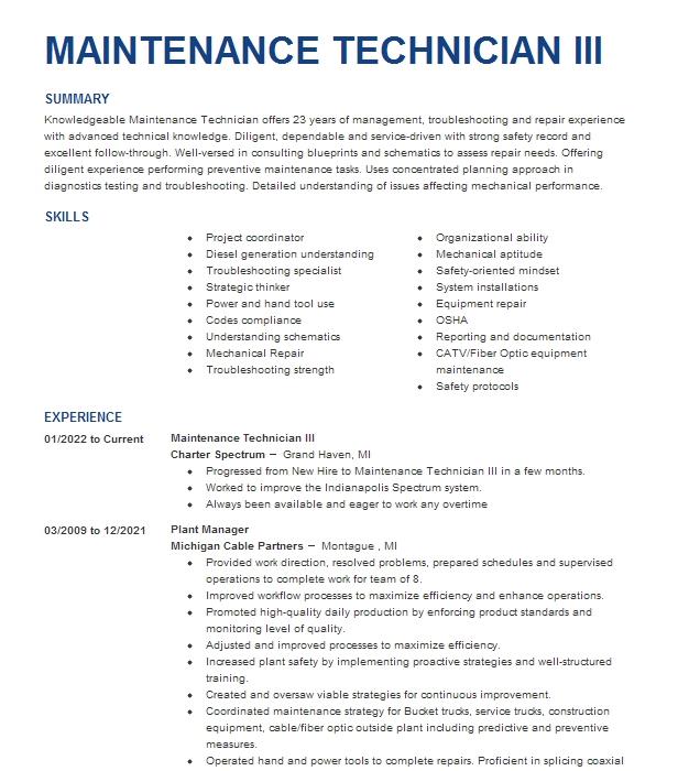 Maintenance Technician Iii Resume Example