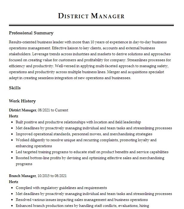 District Manager Resume Example