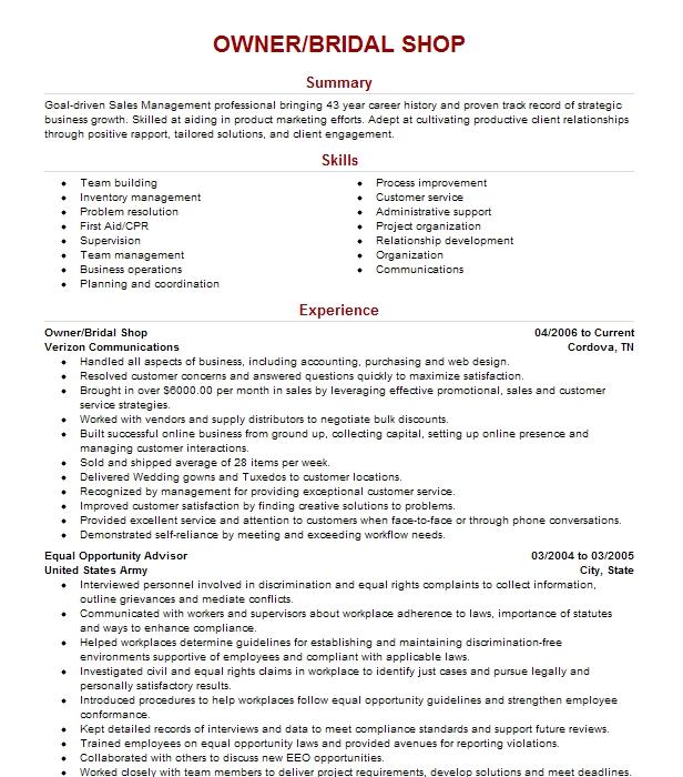 Bridal Boutique Owner Resume Example