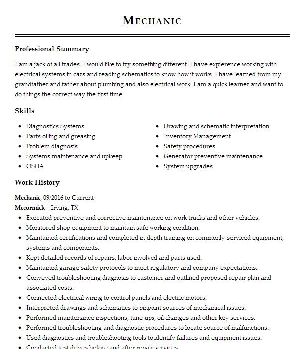 Mechanic Resume Example