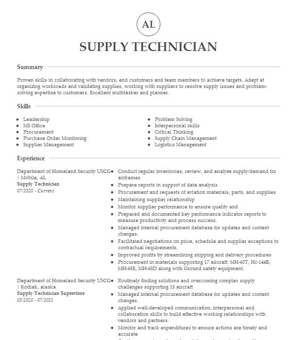 Supply Technician Resume Example