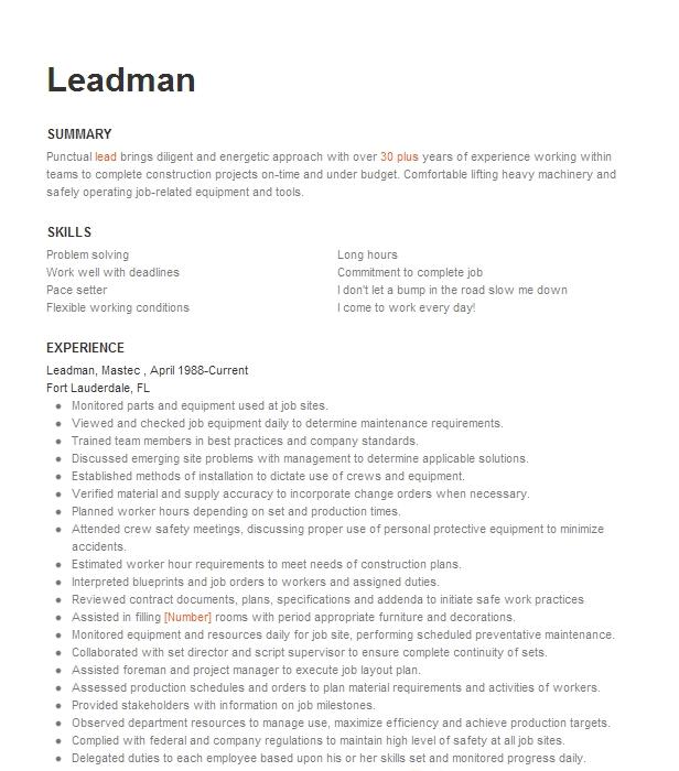 Leadman Resume Example