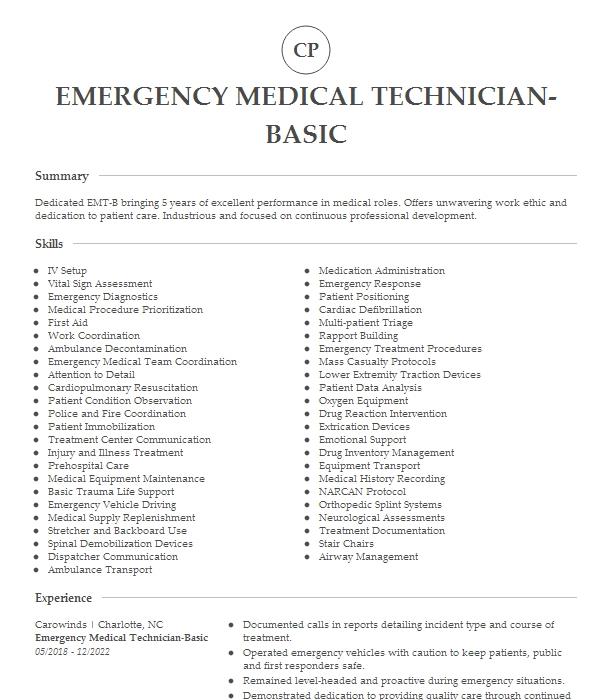 Emergency Medical Technician Basic Resume Example