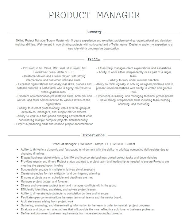 Product Manager Resume Example