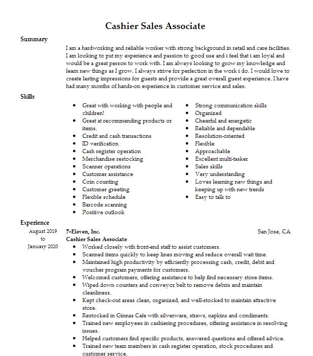 Cashier Sales Associate Resume Example