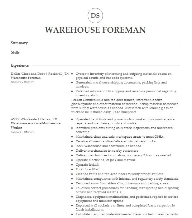 Warehouse Foreman Resume Example