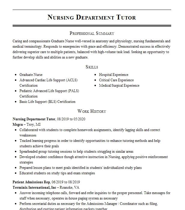 Nursing Tutor Resume Example