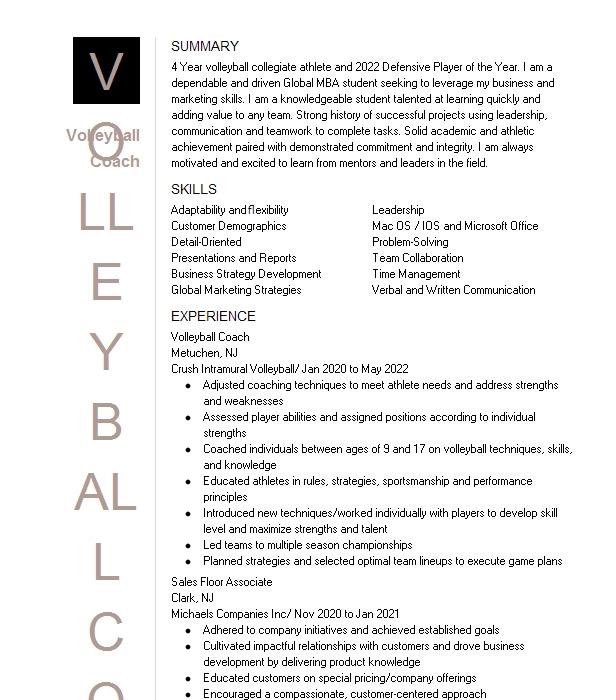 Volleyball Coach Resume Example