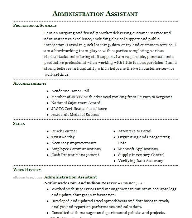 Administration Assistant Resume Example