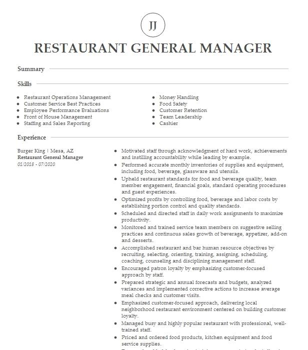 Restaurant General Manager Resume Example