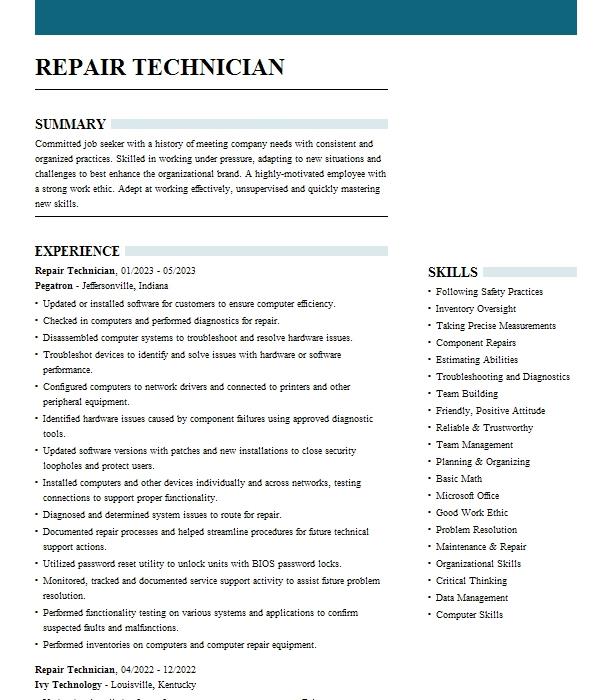 Repair Technician Resume Example