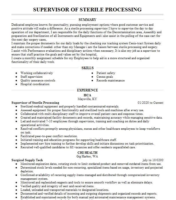 Sterile Processing Liason Resume Example