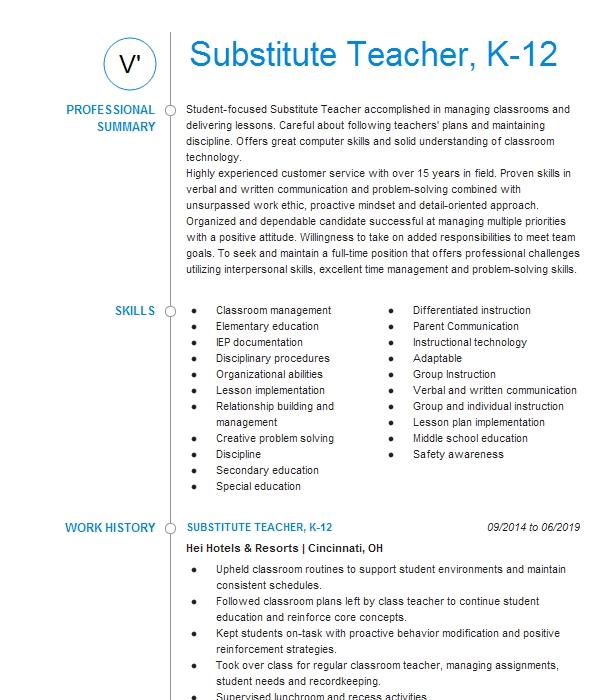 Paraprofessional Substitute Teacher, K 12 Resume Example