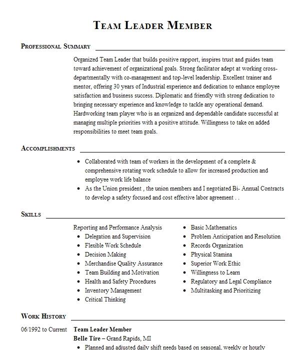 Team Member Team Leader Resume Example