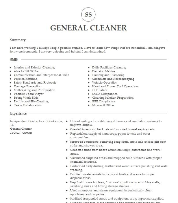 General Cleaner Resume Example