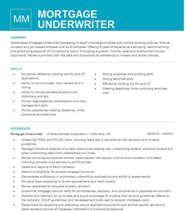 Mortgage Underwriter Resume Example