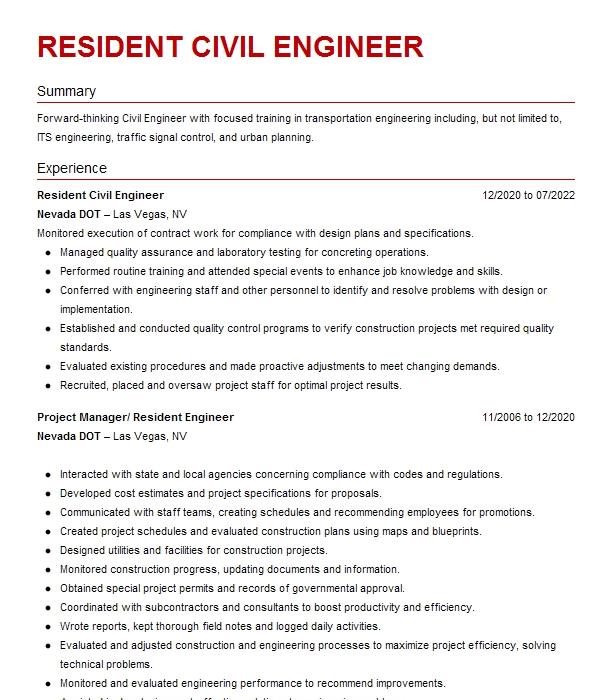 Acting Resident Civil Engineer Resume Example