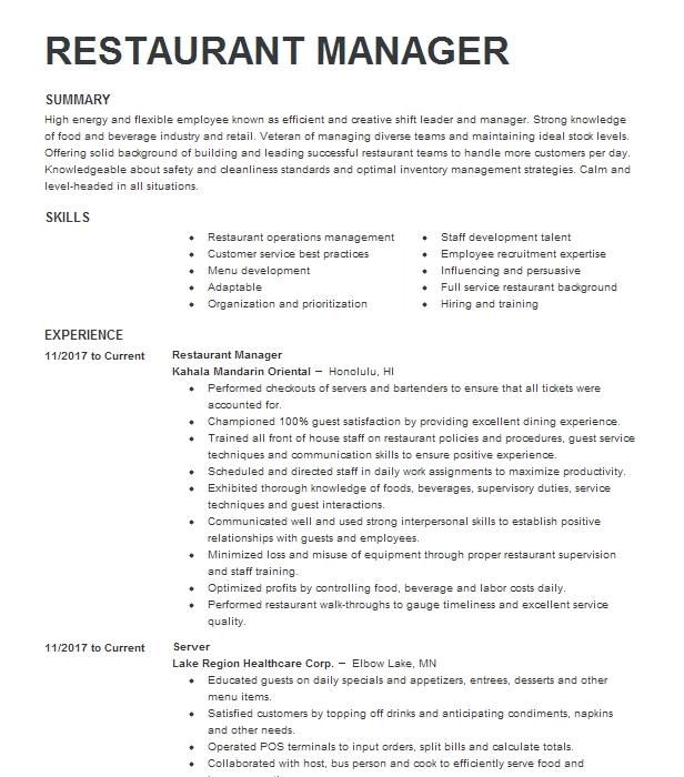 Restaurant Manager Resume Example