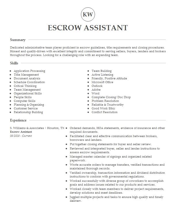 Escrow Assistant Resume Example 7964