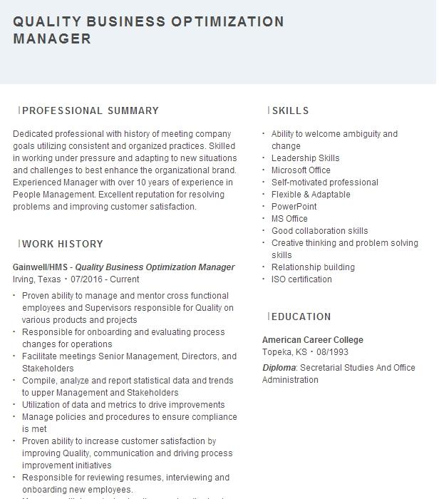 Quality Business Optimization Manager Resume Example