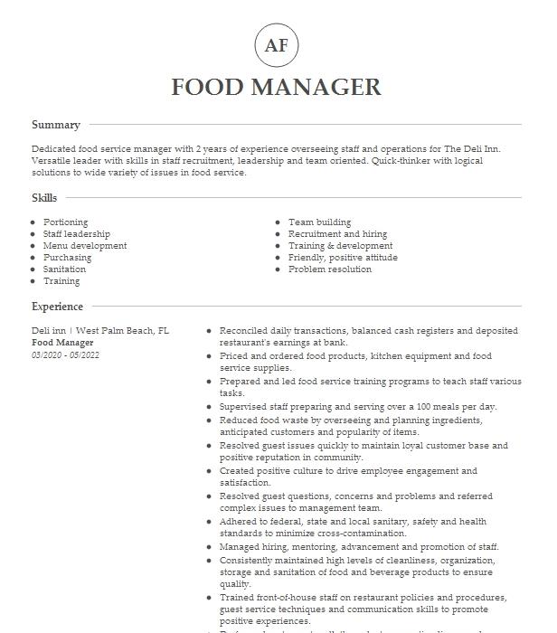 Food Manager Resume Example