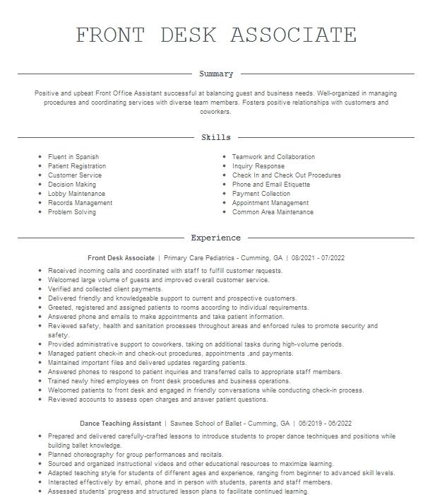 Front Desk Associate Resume Example