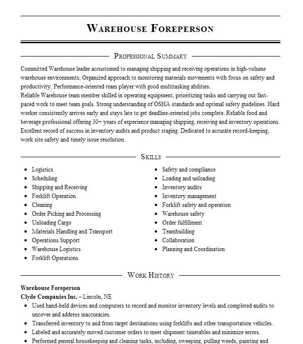 Main Lab Foreperson Resume Example