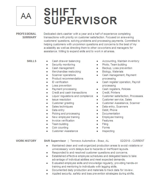 Shift Supervisor Resume Example