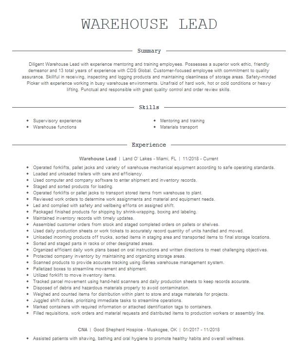 Warehouse Lead Resume Example