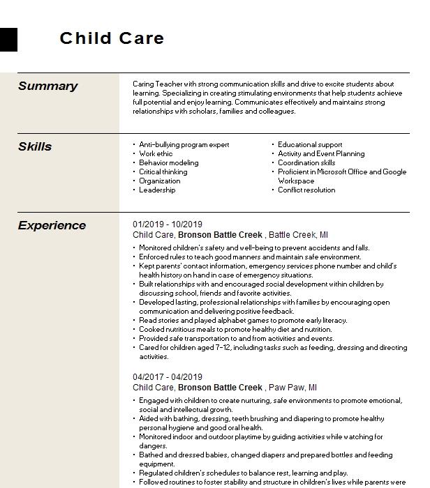 Child Care Resume Example