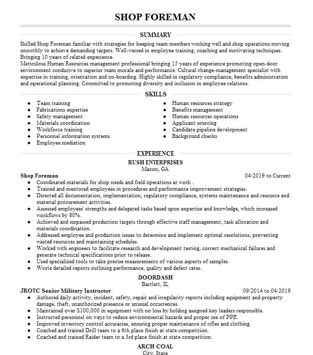 Shop Foreman Resume Example