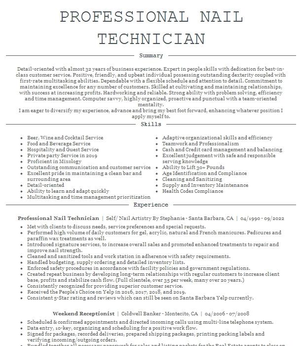 Professional Nail Technician Resume Example