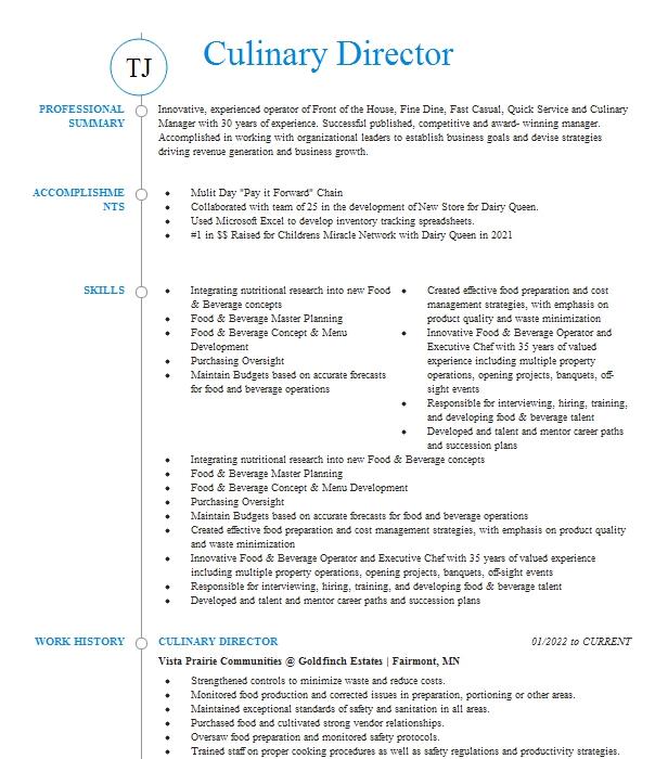 Culinary Director Resume Example