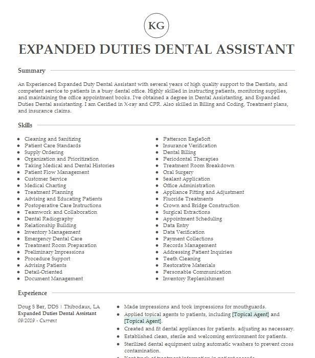 Expanded Duties Dental Assistant Resume Example