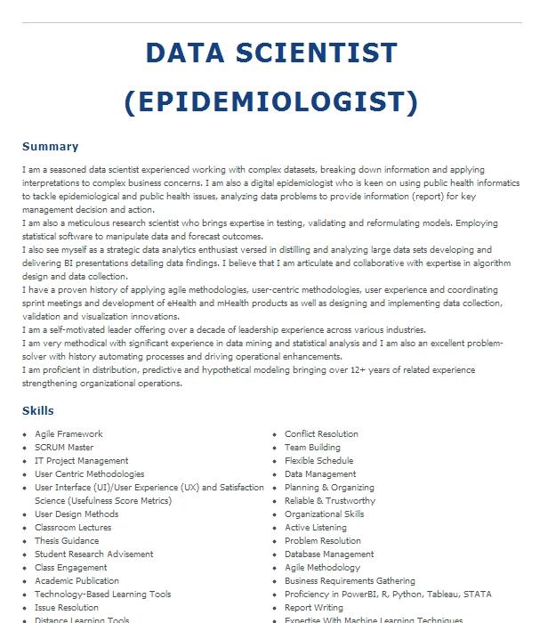 Epidemiologist Data Analyst Resume Example