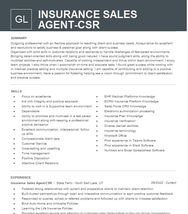 Insurance Agent Csr, Sales Resume Example