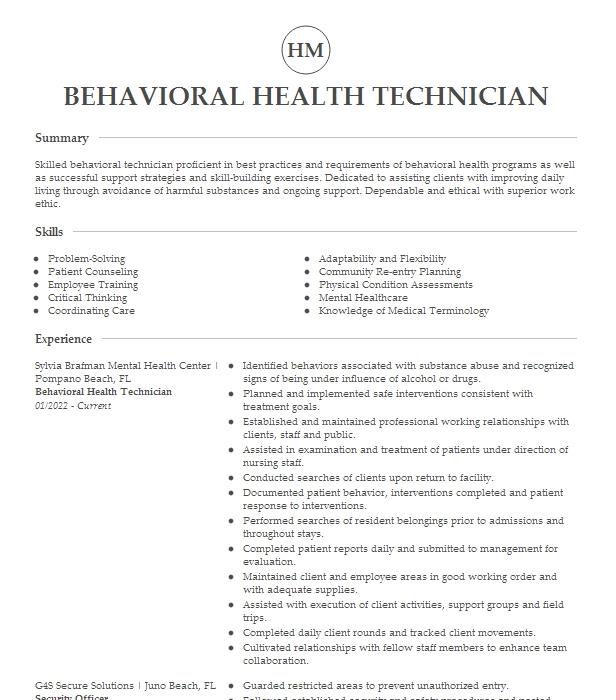 Behavioral Health Technician Resume Example