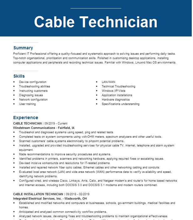 Cable Technician Resume Example