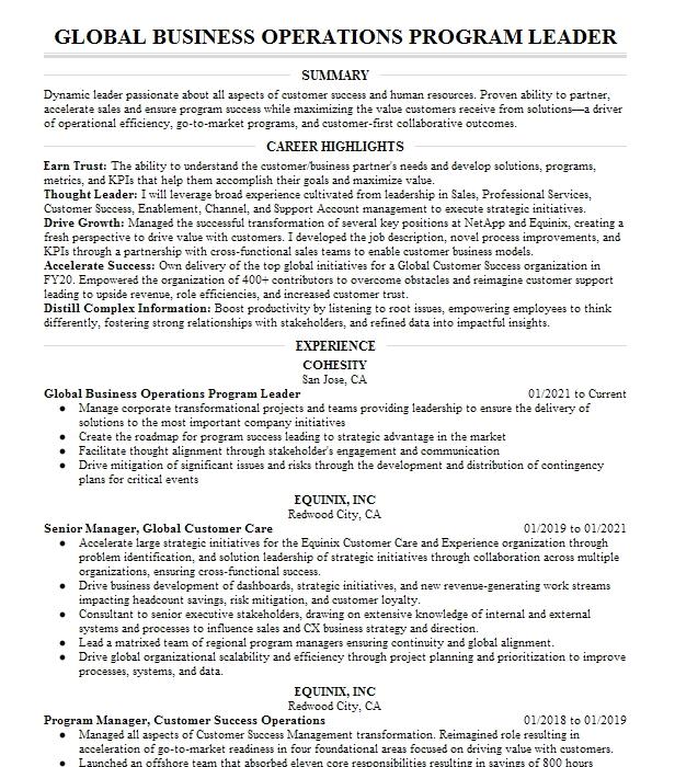 Global Operations Program Manager Resume Example