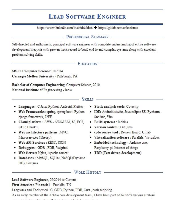 Lead Software Engineer Resume Example