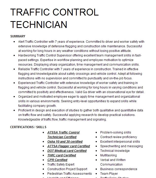 Traffic Control Technician Resume Example