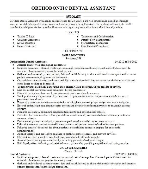 Orthodontic Dental Assistant Resume Example