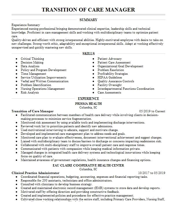 Care Transition Manager Resume Example