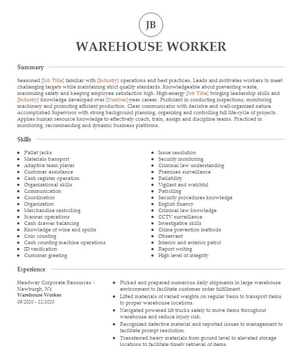 Warehouse Worker Resume Example