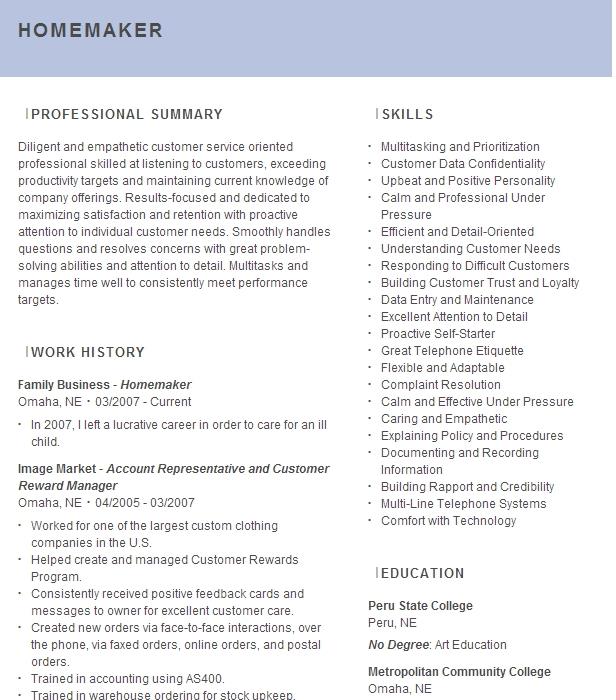 Homemaker Resume Example