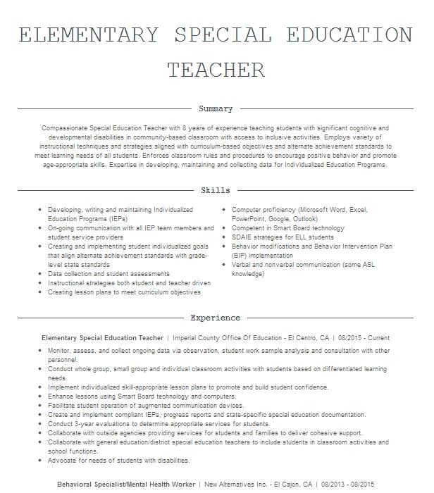 Elementary Special Education Teacher Resume Example