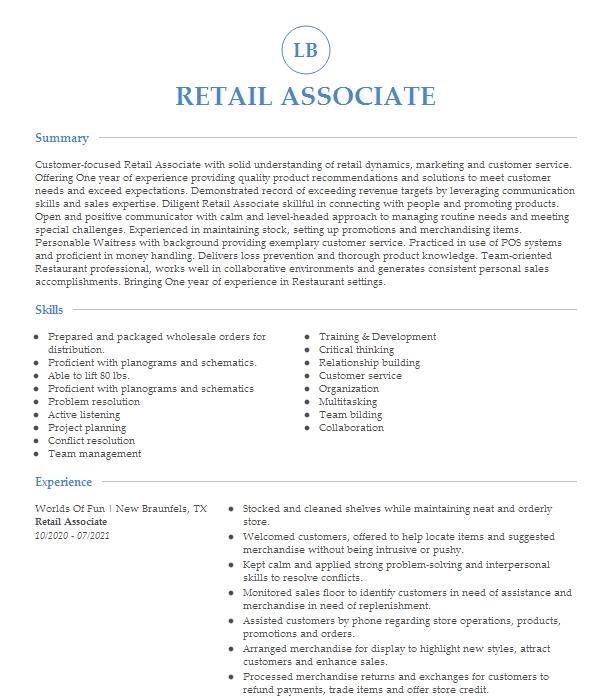 Retail Associate Resume Example