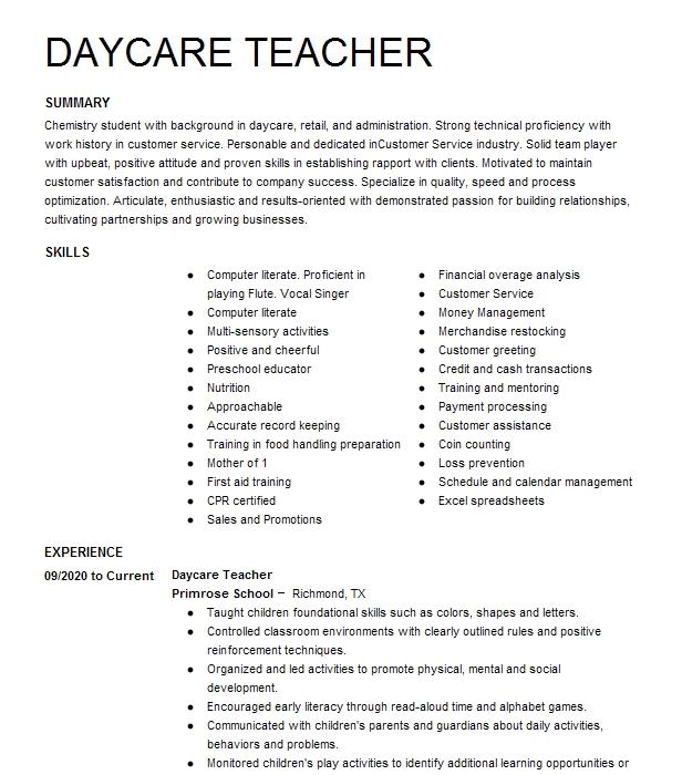 Daycare Teacher Resume Example